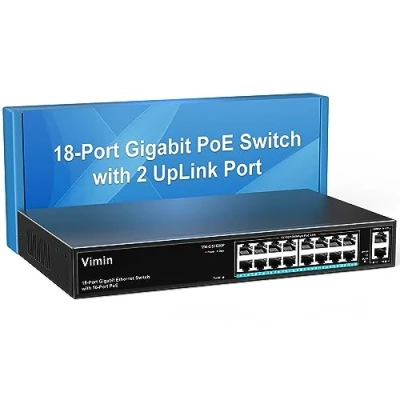 Immagine di VIMIN Switch PoE Gigabit a 16 Porte con 2 Porta di Collegamento Gigabit, Ethernet non Gestito 18 Alimentazione 250W, Supporto IEEE802.3af/at, VLAN, Involucro in Metallo