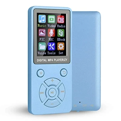 Immagine di Plyisty Lettore MP3 MP4 da 32 GB con Bluetooth 4.2, Musicale Portatile Schermo a Colori 1,8 &quot;, 6 8 Ore, Supporto per e Book, Immagini, Video, Radio, Registrazione(Blu)