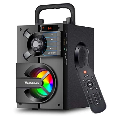 Immagine di Altoparlante Bluetooth, cassa stereo portatile con subwoofer, senza fili, bassi supporta radio FM, telecomando, luci LED, di colore nero