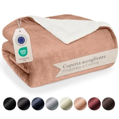 Immagine di Blumtal Coperta Matrimoniale Sherpa Pile Plaid Divano Super Morbida di Alta Qualità Certificata OKEO Tex 230 x 270 cm Rosa