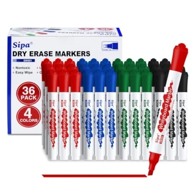 Immagine di Sipa Pennarelli per Lavagna Bianca Cancellabili, 36 Penne con 4 Colori Vivaci, Punta a Scalpello 4mm Durevole, Ideale Scuola, Ufficio, Casa e Bambini (Materiale Didattico Essenziale, Basso Odore)
