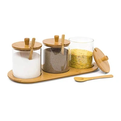 Immagine di Relaxdays Portaspezie Jiao con Vasetti in Vetro, Coperchi, Cucchiaini e Vassoio bambù, Barattoli Trasparenti,Naturale, Marrone, 31x12x12 cm