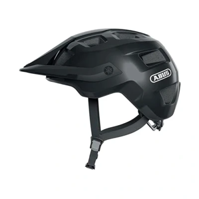 Immagine di ABUS casco MTB MoTrip robusto da bici con visiera regolabile in altezza per mountain biker vestibilità personalizzata unisex nero lucido, S, S (51 55 cm)