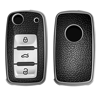 Immagine di kwmobile Cover Coprichiave Compatibile con VW Skoda Seat 3 Tasti Foderina Chiave Auto Effetto Pelle Bumper Antiurto e Protezione Argento/Nero