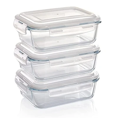 Immagine di Grizzly Contenitore per Alimenti in Vetro Set da 3 Capacità 1040 ml Rettangolare Adatti Forno, Frigo e Congelatore Ermetico, Anti Perdite Lavabile Lavastoviglie, senza BPA