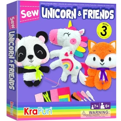 Immagine di KRAFUN Kit da cucito con unicorni per principianti bambini dai 7 ai 13 anni My First Art &amp; Craft, 3 bambole di peluche Panda, volpe, istruzioni e materiali feltro imparare a cucire