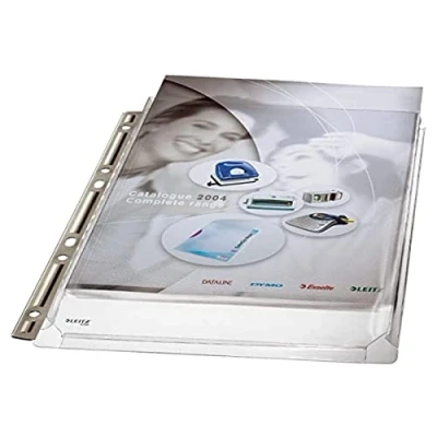 Immagine di Leitz Buste perforate in plastica Premium, Formato A4, Espandibili, Alta capacità fino a 200 fogli, Apertura superiore, PVC 170 micron, Banda metallo super resistente, Confezione da 3, 47553003