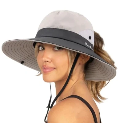 Immagine di DRESHOW Donna Sole Cappello All&#039;aperto UV Protezione Maglia Pieghevole Tesa Larga Pesca Coda di Cavallo Spiaggia Secchiello Cappelli