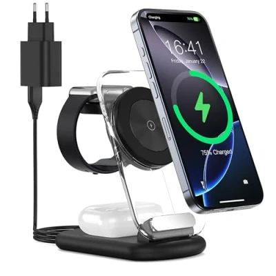 Immagine di 3 in 1 Stazione di ricarica wireless per Mag Safe, caricatore magnetico senza fili pieghevole e regolabile, supporto caricabatterie da viaggio Safe con luce iPhone serie 16/15/14