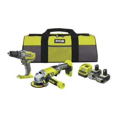 Immagine di RYOBI Duo 18 V ONE+: Trapano a percussione 50 Nm Mandrino 13 mm LED &amp; Smerigliatrice 115 7.500 giri/min Viene fornito con 1 batteria 4 Ah, 2 un caricabatterie e una grande borsa