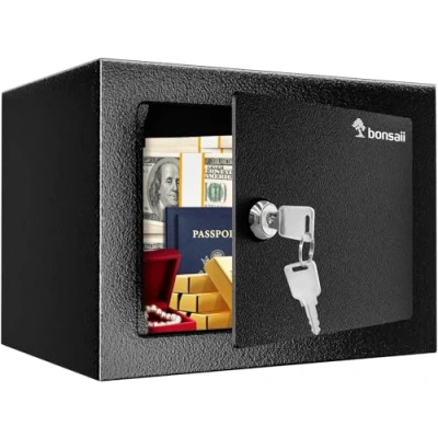 Immagine di Bonsaii cassaforte con chiave, da 6,6 L struttura in acciaio per contanti, gioielli e oggetti di valore, 17 x 23 cm, adatta casa, ufficio hotel