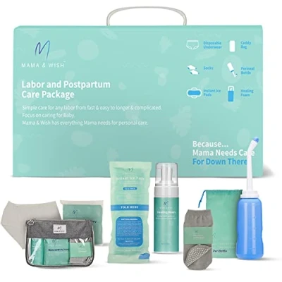 Immagine di Mama &amp; Wish Kit di recupero post partum include bottiglia Peri, indumenti comodi ed elementi essenziali per le donne dopo la nascita