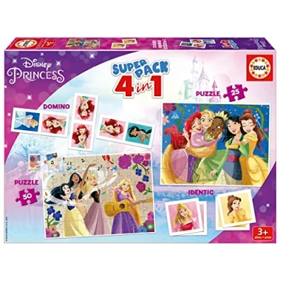 Immagine di Educa Superpack 4 in 1 Disney Princess Giochi Da tavolo per bambini: Domino, identico con 28 carte e 2 enigmi 25 50 pezzi. Possibilità di gioco multiple. 3 anni (19683)