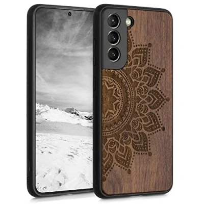 Immagine di kwmobile Custodia Compatibile con Samsung Galaxy S21 FE Cover Back Case in Legno Bumper Silicone TPU Sole marrone scuro