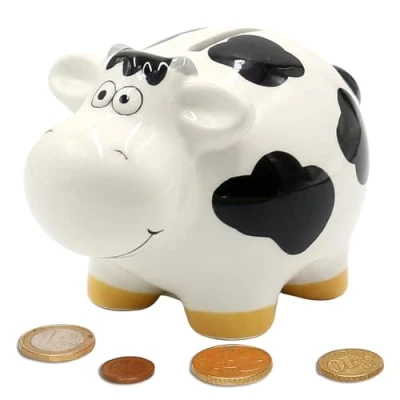Immagine di salvadanaio, salvadanaio per bambini, a forma di mucca in nero/bianco, ceramica con tappo gomma richiudibile, 9 x 13 cm (lunghezza larghezza