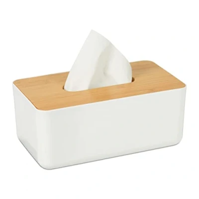 Immagine di Relaxdays Porta Fazzoletti con Coperchio in bambù, per Bagno, Design Moderno, Plastica, HLP 10x23x13 cm, Naturale, PP, Bianco Marrone, 1 Pz