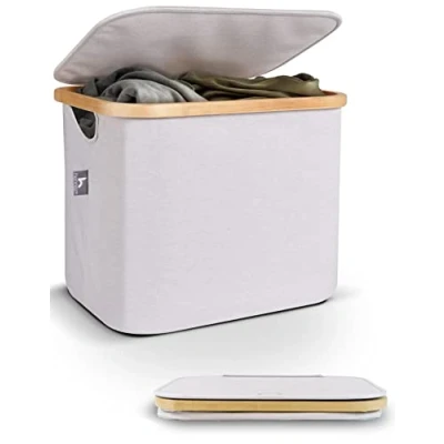 Immagine di HENNEZ Cesto Portaoggetti con Coperchio Pieghevole 40L Grigio Beige Cestino Manico Rigido in tessuto Portabiancheria Salvaspazio Bagno Contenitore Giochi