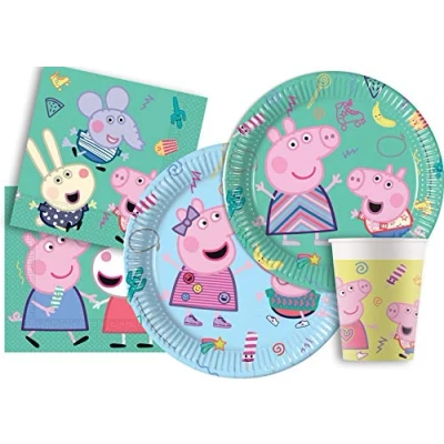 Immagine di Kit Party Tavola Peppa Pig Messy Play per 8 persone (44 pezzi: piatti carta Ø23cm, Ø20cm, bicchieri 200ml, 20 tovaglioli 33x33cm)