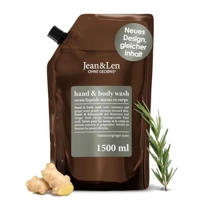 Immagine di Jean &amp; Len Lavamani Rosmarino e Zenzero in confezione di ricarica, deterge cura la pelle, profumo fresco speziato, sapone liquido, senza siliconi, parabeni microplastiche, 1,5L