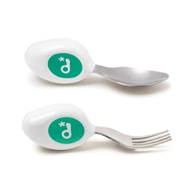 Immagine di Set doddl cucchiaio e forchetta da 2 pezzi per imparare a usare le posate, 1 anno in su, lo svezzamento, verde acqua