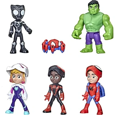 Immagine di Hasbro Marvel Spidey e i Suoi Fantastici Amici, Confezione multipla Hero Reveal, include 5 action figure da 10 cm con maschera che si alza, per bambini dai 3 anni in su, Esclusiva Amazon