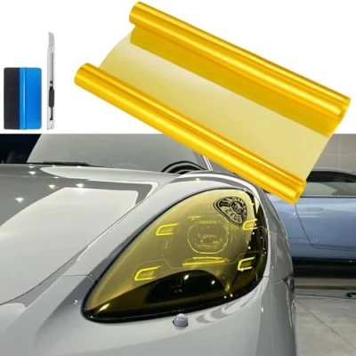 Immagine di NewL Pellicola autoadesiva oscurante per faro antinebbia posteriore auto, rivestimento adesivo effetto fumè in vinile fendinebbia 30,5 x 122 cm (Giallo)
