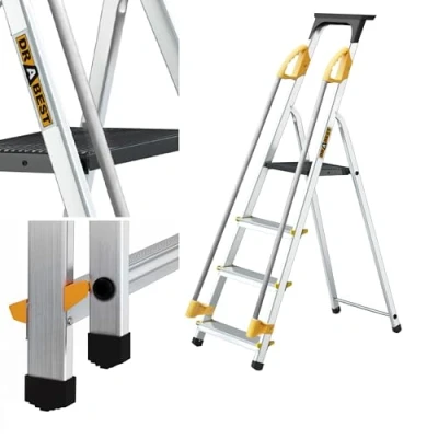 Immagine di DRABEST SCALETTE SERIE PRO Scala Domestica in Alluminio a 4 Gradini con Corrimano 150kg Scaletta Multiuso Pieghevole 43x147x12cm