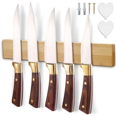 Immagine di Ceppo Magnetico per Coltelli, Porta Coltelli in Bambù con Magnete Extra Forte 40 X 6 2 cm, Muro Appendi Barra Magnetica Calamita da Cucina