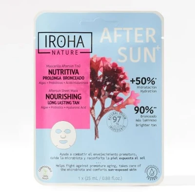 Immagine di IROHA NATURE Maschera Viso Aftersun Nutriente e Prolungatore dell&#039;Abbronzatura Con Alghe, Probiotici Acido Ialuronico Idratazione Profonda Azione Anti età Compattezza ed Elasticità