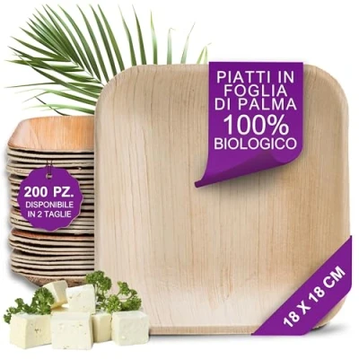 Immagine di Waipur Piatti in Foglia di Palma Ecologici 200 Quadrati 18x18 cm usa e getta Biodegradabili Alta Qualità Leggeri ma Resistenti Come Carta Eleganti