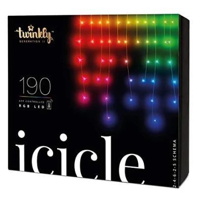 Immagine di Twinkly Icicle 190 LED RGB, Luci a Cascata Esterno e Interno, Smart Multicolore Compatibile con HomeKit, Alexa, Google Home, IP44, Controllo da App, Filo Trasparente, 5.5m