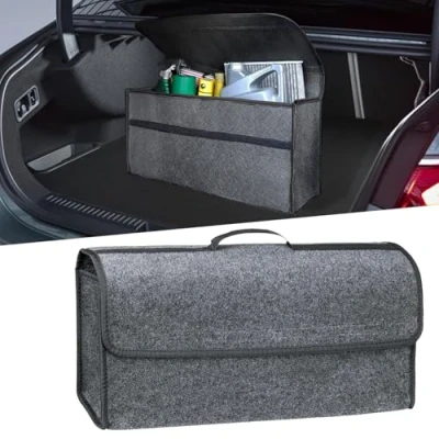 Immagine di HIAHXC Borsa organizer per bagagliaio auto, pieghevole, bagagliaio, antiscivolo, in feltro, riporre attrezzi e declutter interni, adatta a tutti i veicoli (grigio, L)