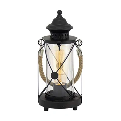 Immagine di EGLO lampada da tavolo Bradford, vintage a uno punto luce, lanterna, comodino in acciaio, nero, trasparente, presa E27, interruttore incl