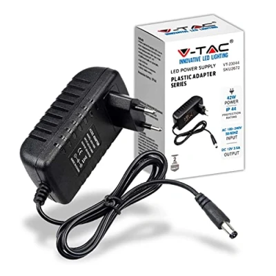 Immagine di V TAC Alimentatore 12V 42W 3,5A per Telecamere, Strisce LED, Modem Trasformatore Plug&amp;Play con Spina Corrente Casa Schermi e Apparecchiature Elettroniche Input AC 100 240V 50/60Hz, Nero