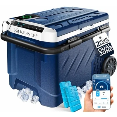 Immagine di KESSER® Compressore frigorifero 2 in 1 doppia zona, congelatore elettrico, funzionamento touch a LED, 12/24 V, 230 fino 20 C, per auto, camion, campeggio, 51 L, Blu Navy/Bianco