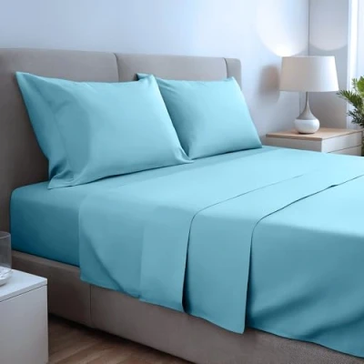 Immagine di gobedreams Set lenzuola matrimoniale 4 Pezzi 150x190/200, in microfibra di poliestere spazzolata. Lenzuolo Piatto, con Angoli regolabili e 2 federe. Colore Acqua