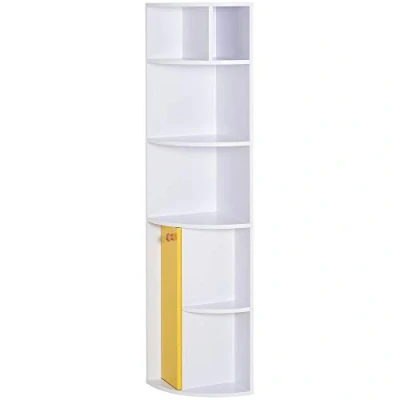 Immagine di HOMCOM Scaffale Angolare da Parete in Legno Bianco, Mobile Libreria con 5 Ripiani e Armadietto Giallo, Design Moderno, 29.8x29.9x147cm