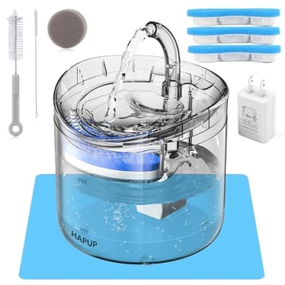 Immagine di HAPUP Fontanella per Gatti Fontana Dispenser Acqua 1,8 L con 2 Tipi di Modalità 3 Filtri Riutilizzabili 1 Pompa USB Stuoia in Silicone Adattatore UE e Kit Pulizia