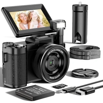 Immagine di Macchina Fotografica 5K 64MP Zoom Digitale 18X Autofocus Fotocamera Digitale, Schermo IPS 3&quot; Rotante a 180, per Vlogging con Scheda di Memoria da 32GB, Ideale Principianti Adolescenti