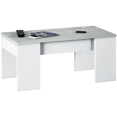 Immagine di Dmora Tavolino da caffè Spazio Contenitore, Bianco con Piano di Colore Cemento, cm 100 x 45 50 (Altezza elevabile a 56 cm), Grigio, Big