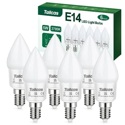 Immagine di Tailcas Lampadine LED Candela E14, 5W Equivalenti a 40W Incandescenza Lampadina, 450LM Luce Bianca Calda 2700K, C35 LampadinaVite Piccola Edison, Non Dimmerabile Pacco da 6