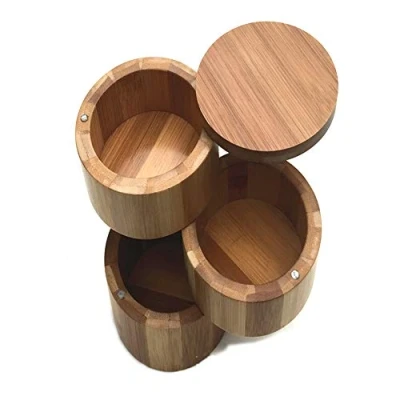 Immagine di Chiloskit Barattolo rotondo in bambù, contenitore per sale e spezie, con coperchio girevole magnetico, 7 x 9 cm (3 ripiani)