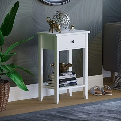 Immagine di Vida Designs Windsor Tavolino con 1 cassetto e ripiano, in legno, colore: bianco, mobile ideale per corridoi, soggiorni camere da letto, perfetto usare come credenza o piano di appoggio