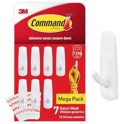 Immagine di Command Ganci Medi Adesivi Bianco, 7 e 10 Strisce per Interni ottimi Appendere Abiti, Borse Strofinacci senza Forare il Muro