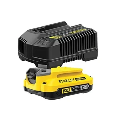 Immagine di Stanley FATMAX, Caricabatterie V20 agli ioni di litio 18V 2A e adattatore per utensili Fatmax 1 batteria 2AH. SFMCB121D1 QW