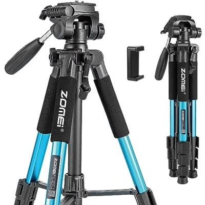 Immagine di ZOMEI Q111 Treppiede per fotocamera, in lega di alluminio, con testa girevole a 3 vie, piastra sgancio rapido, supporto cellulare e custodia, 47 140 cm (blu)