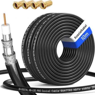Immagine di HB Digital 10m Cavo Coassiale HQ 135 d&#039;Antenna 135dB SAT 8K 4K UHD 4 Volte Schermato per Sistemi DVB S / S2 C C2 T T2 DAB+ Radio BK + F Plug GRATUITAMENTE