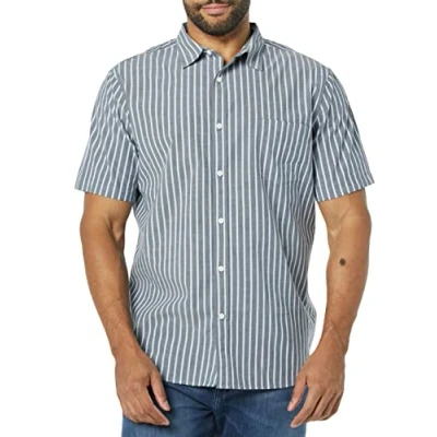 Immagine di Amazon Essentials Camicia in Popeline a Maniche Corte Slim Uomo, Blu Marino Bianco Righe, L