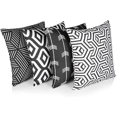 Immagine di Penguin Home Set di 4 federe per cuscini 45 cm x quadrati double face 100% cotone e con cerniera invisibile soggiorno, divano, 18x18 pollici (Mix nero/bianco)