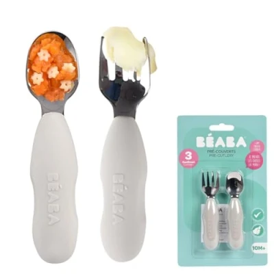 Immagine di BEABA, Set di 2 Posate in acciaio inox e silicone, per bambini, A partire da 10 mesi, Forma ergonomica, Impugnatura l&#039;apprendimento, Grigio velluto